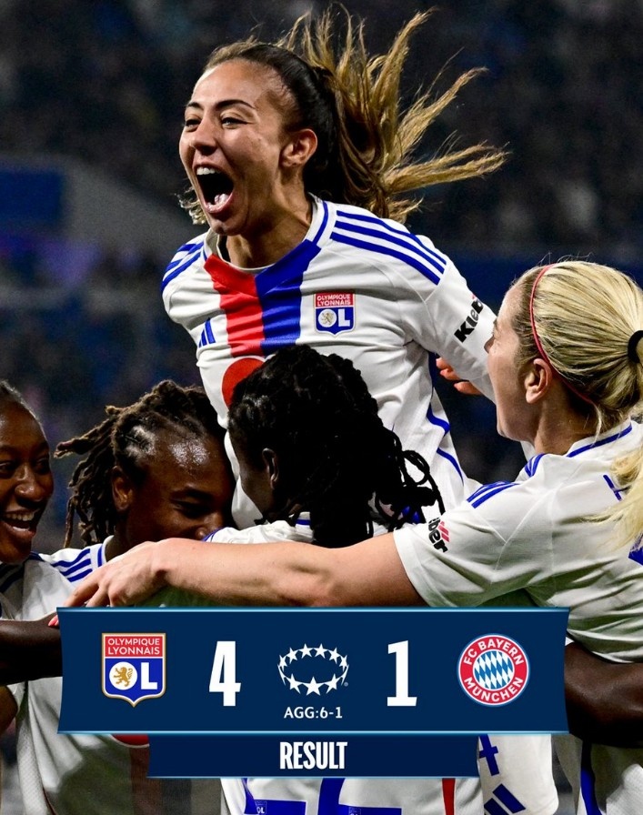 里昂女足4-1大勝拜仁女足，總比分6-1晉級女足歐冠半決賽